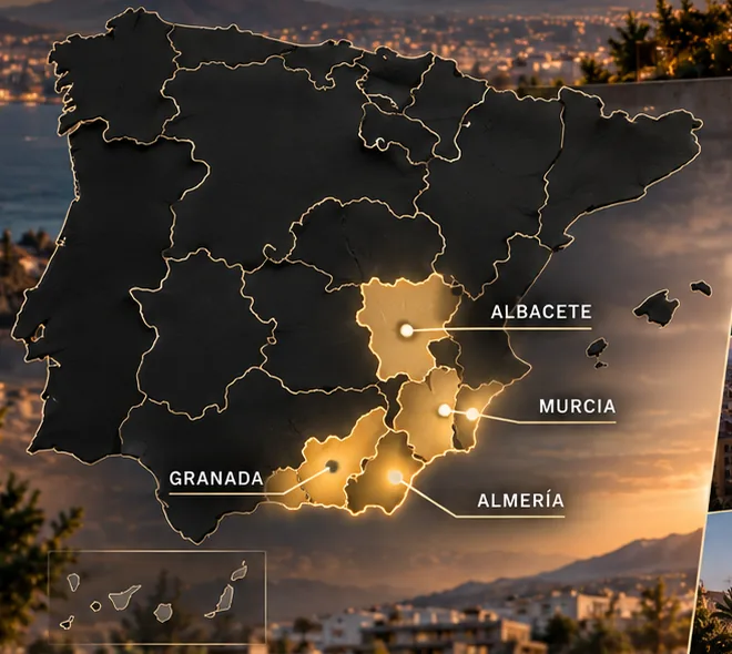 Mapa de España con Granada, Almería, Albacete y Murcia destacadas