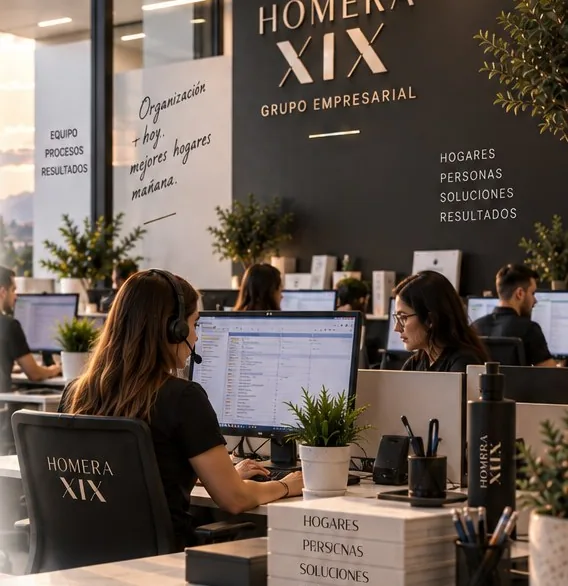 Equipo de oficina de Homera XIX atendiendo llamadas